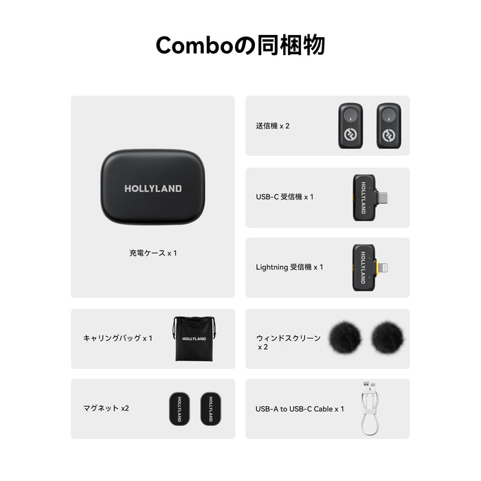 Hollyland Lark A1 Combo(Space Gray) ワイヤレスマイク Lark A1(スペースグレー/送信機 x2 + USB-C受信機 + Lightning受信機 + 充電ケースセット)