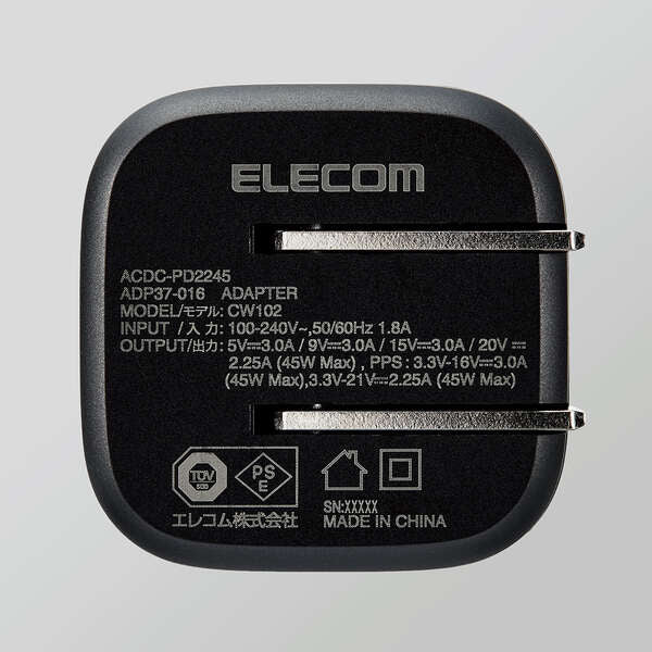 ELECOM ACDC-PD2245BK AC充電器/USB充電器(Power Delivery/45W USB-C1ポート/スイングプラグ)